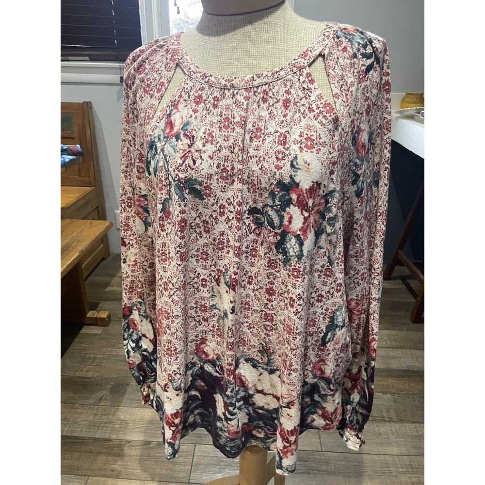 Lucky Brand Ditsy Floral Long Sleeve Top Pullover Cut Out Boho Cottage Core XL